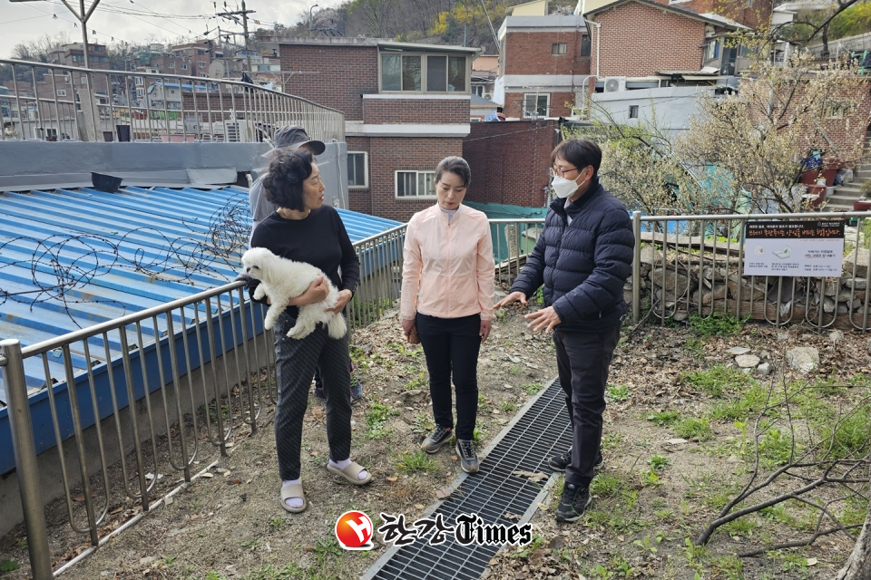 종로구의회 박희연 의원이 와룡공원 시설 정비를 위해 현장을 점검하고 있다.