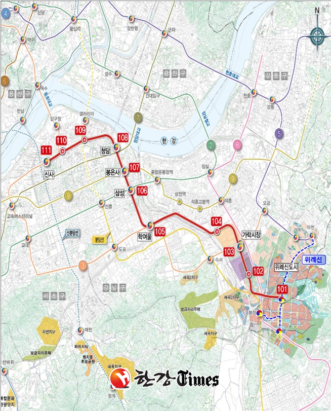 위례신사선 도시철도 노선도 (정거장 위치 등은 개략적인 것이며 향후 사업계획 수립, 공사 단계 등에서 조정될 수 있음)